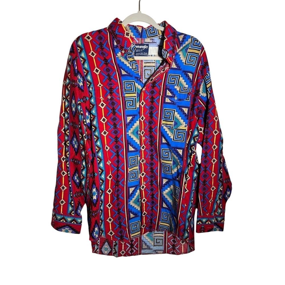 Vintage 90's RODEO Wrangler Mens Cut Western Shirt Red Print Long Sleeve XLT